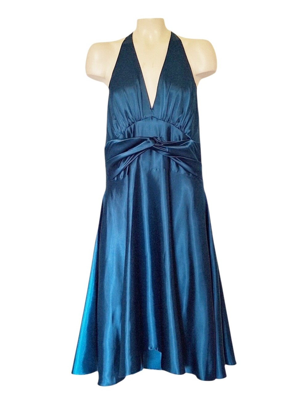 Vintage Jessica McClintock Teal Satin Halter Dress Bow Open Back Size 16